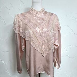 Vintage Pink Satin Lace Blouse Coquette Victorian Sheer Yoke Top 8